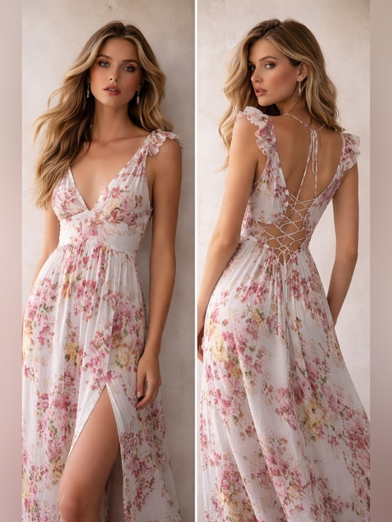 Dresses & Skirts - XS Romantic Floral Maxi Dress Lace Up Back Cottagecore Soft Girl Chic